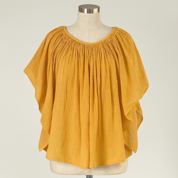 Vintage Amerikan Climax Gauze Peasant‎ Blouse Top Flowy Yellow Cotton 70s Boho M